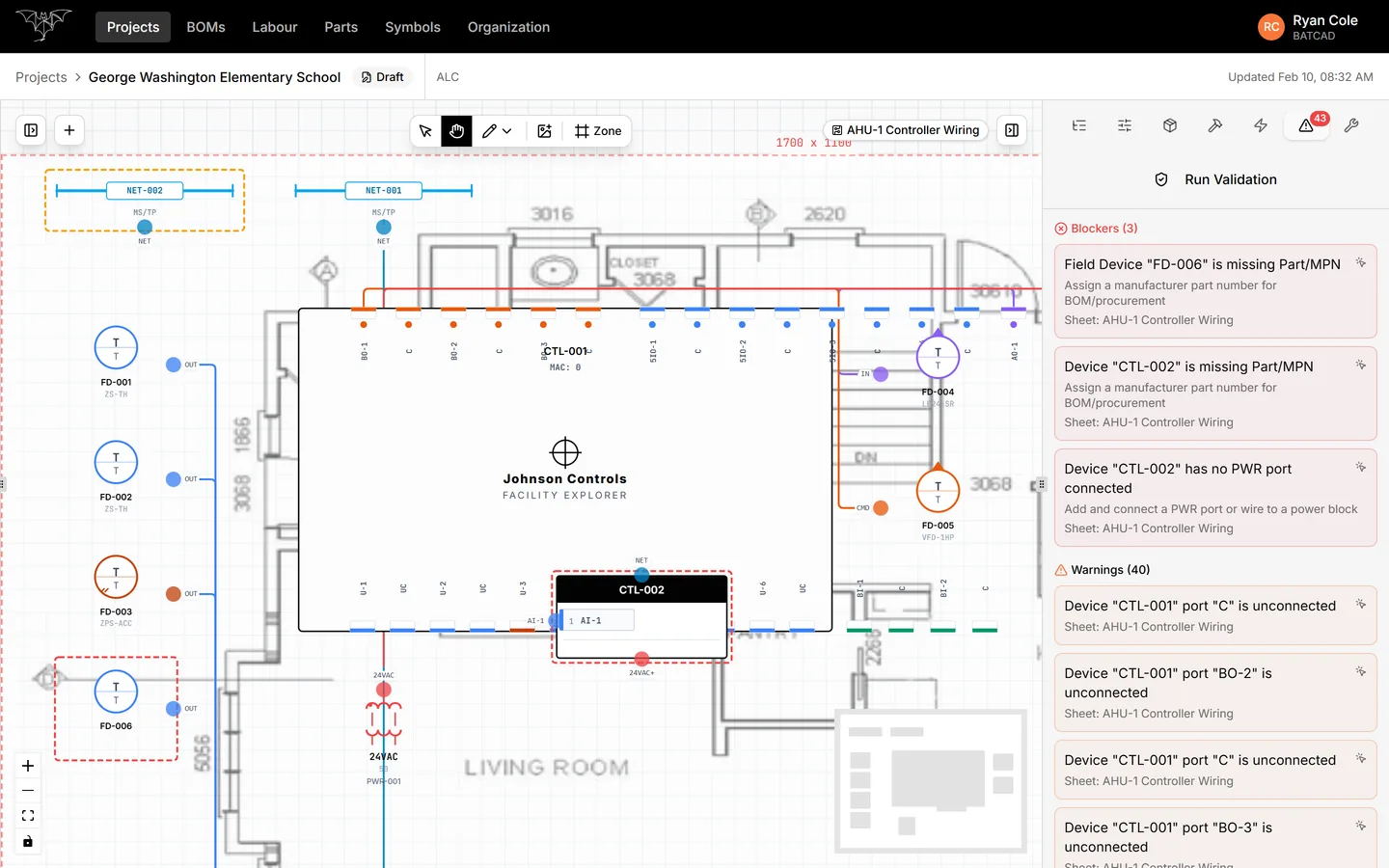 The BATCAD workspace with the Validation tab open. The panel lists three blockers, including a device missing a part number and a controller with no power port connected, above forty warnings for unconnected ports. On the canvas the offending devices are ringed in dashed red and orange.