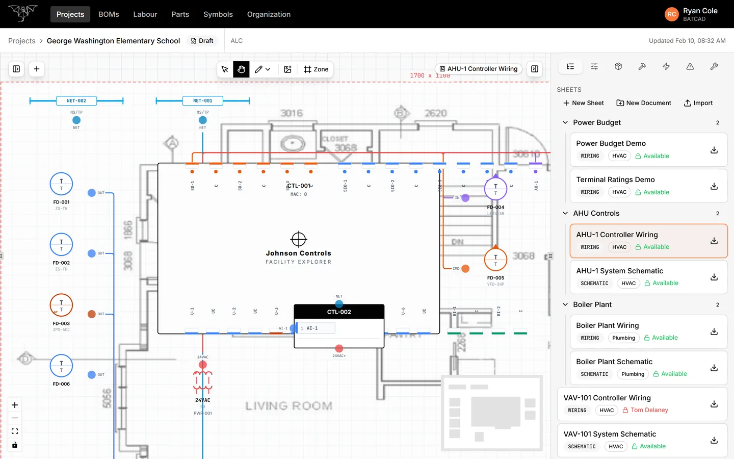 The BATCAD workspace. A controller wiring sheet is open on the canvas over an imported floor plan. A Johnson Controls Facility Explorer faceplate sits in the middle with its binary output, universal and analog terminals labelled, six field devices are wired to it in signal-coded colours, and a 24VAC transformer feeds the power rail. The right panel lists the project's sheets grouped into folders.
